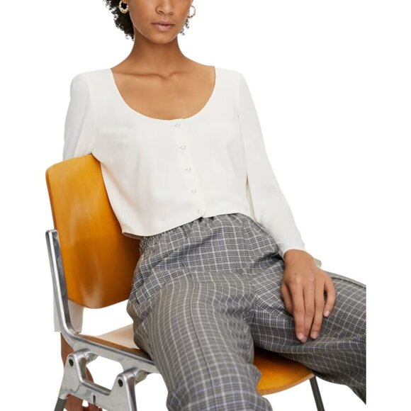 Sunday Best Kissy Blouse Cream Pearl Button Long Sleeve Cropped Blouse Sz S - Picture 2 of 14